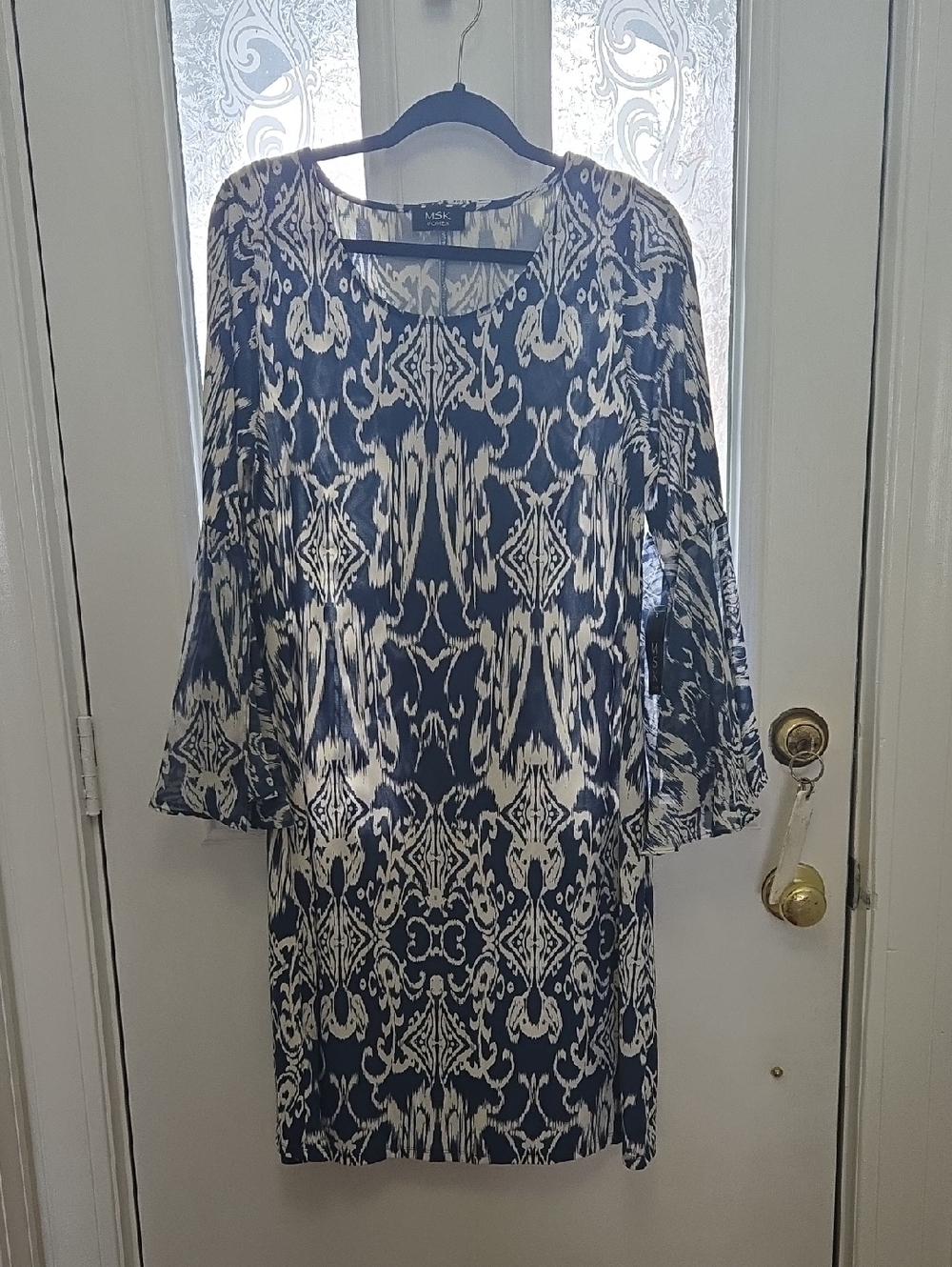 NWT MSK Navy & White Ikat Shift Dress with Sheer Bell Sleeves